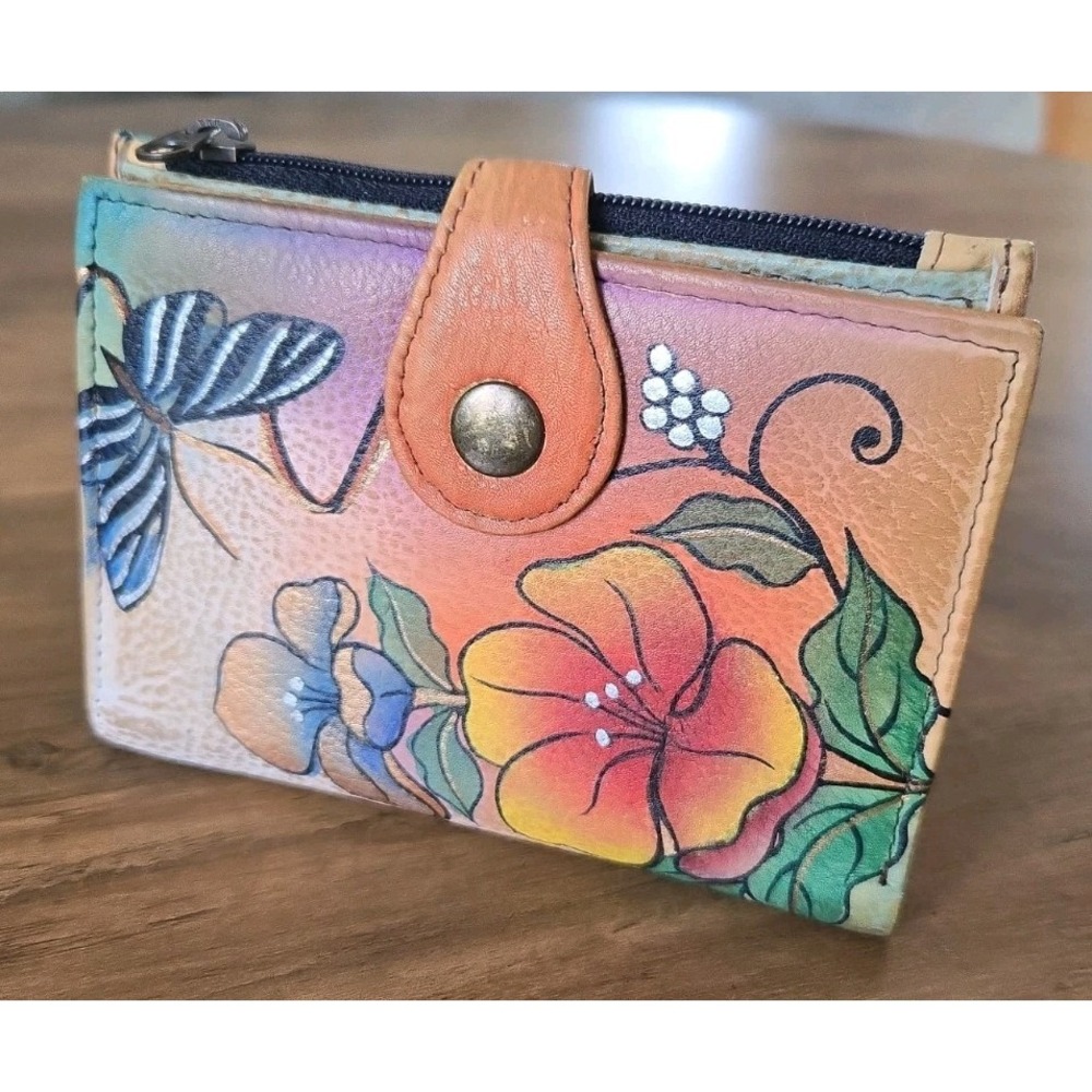 Anuschka Hand Painted/Hand Crafted Bi-Fold Leather Snap Close Wallet Floral